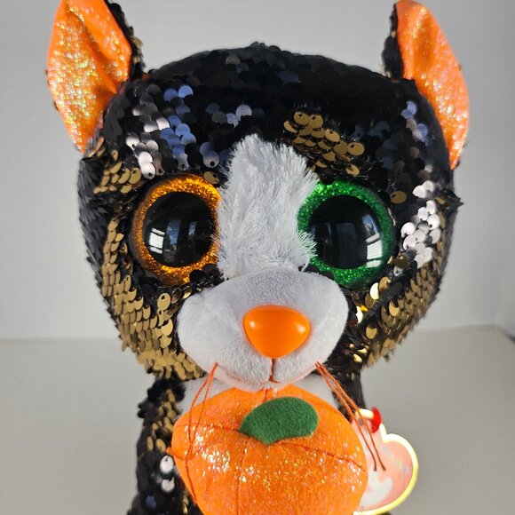 Ty Flippables Sequin Plush Jinx The Black Cat With Pumpkin Large Size 10.5" - Picture 7 of 8